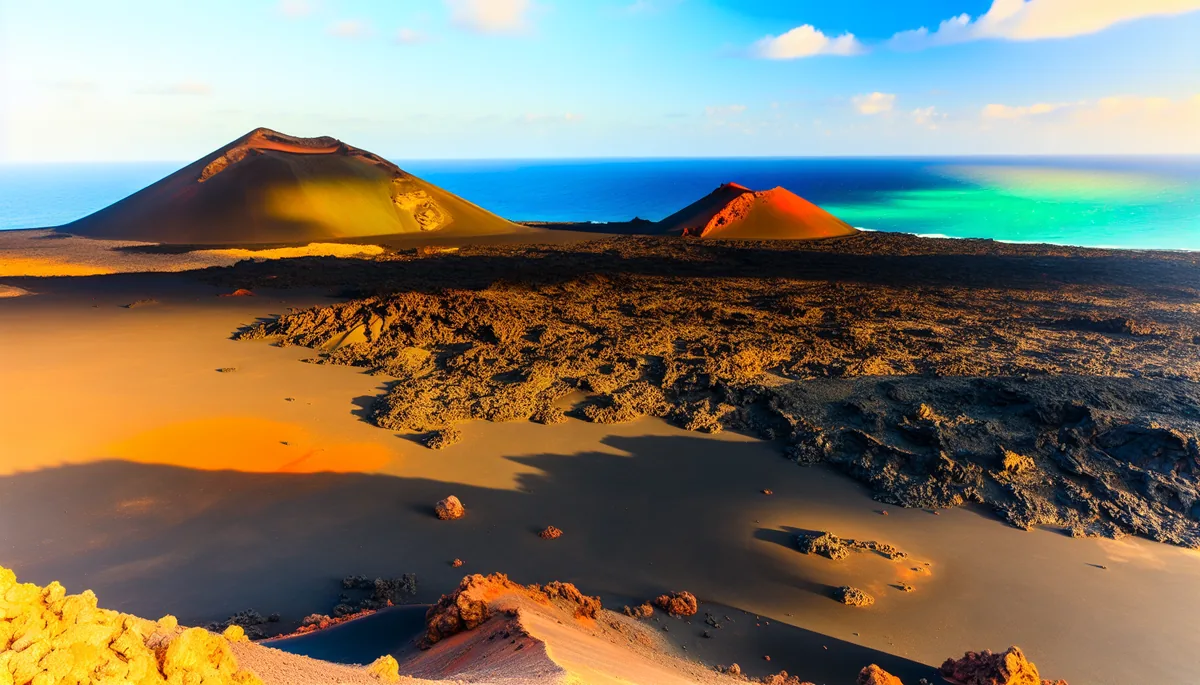 Stunning volcanic landscape of Lanzarote in the Canary Islands showing black lava fields, red volcanic cones, and turquoise ocean under golden hour lighting