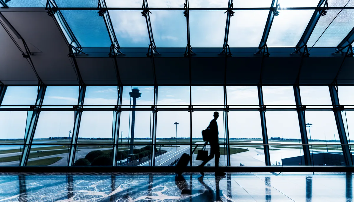 Silhouette of a traveler walking through a modern airport terminal with large windows showing Danish landscape