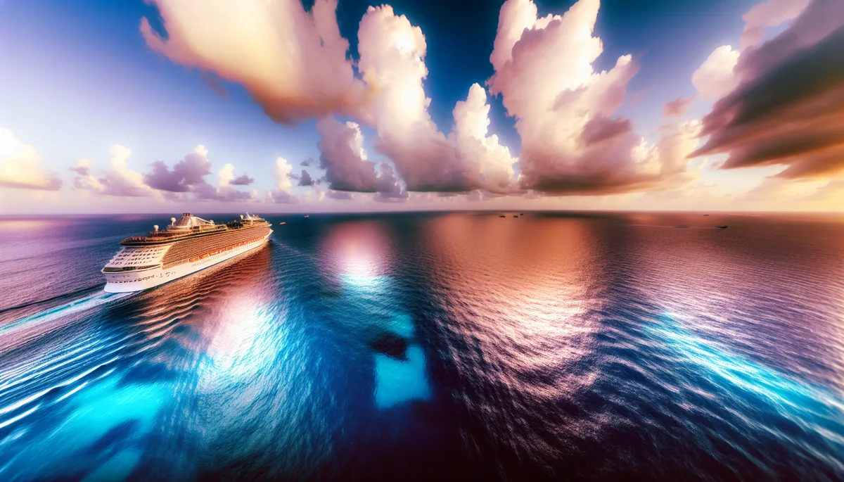 A large cruise ship sailing across calm blue ocean waters under a dramatic sky with golden hour lighting