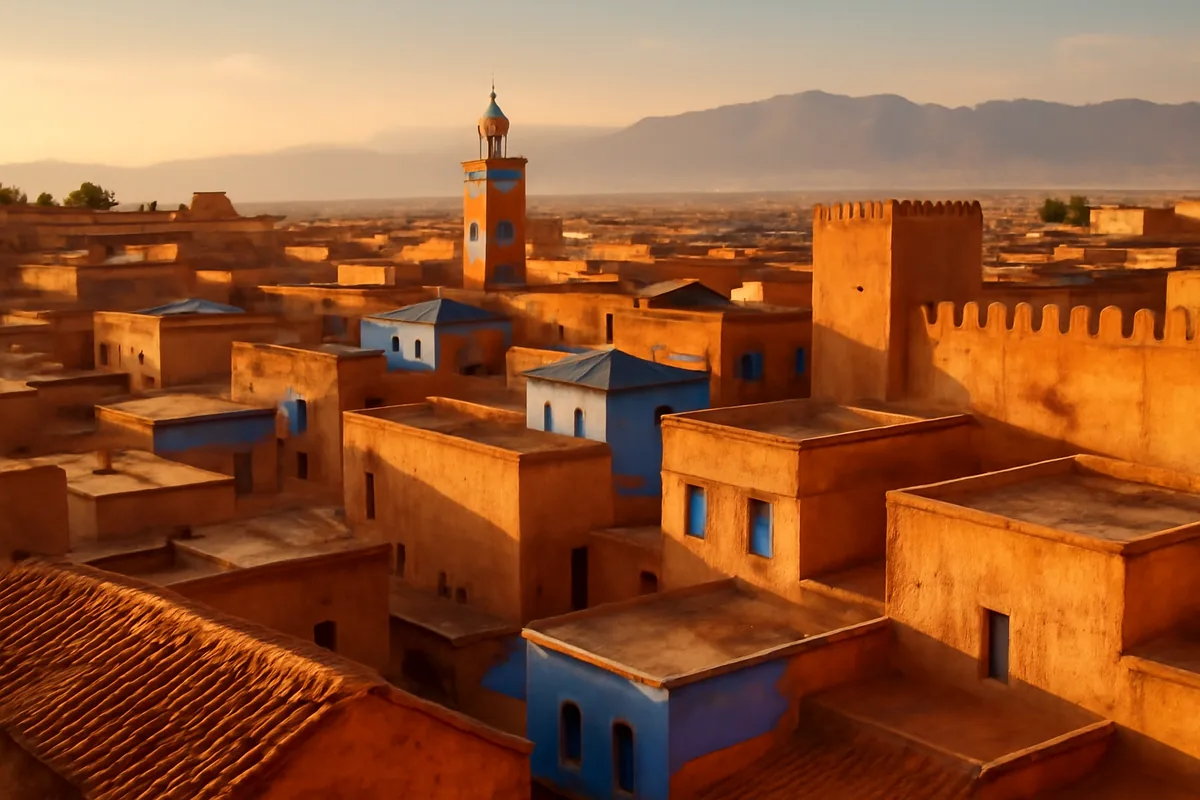 Aerial view of a traditional Moroccan medina with terracotta rooftops, winding alleyways, and the Atlas Mountains in the background during golden hour