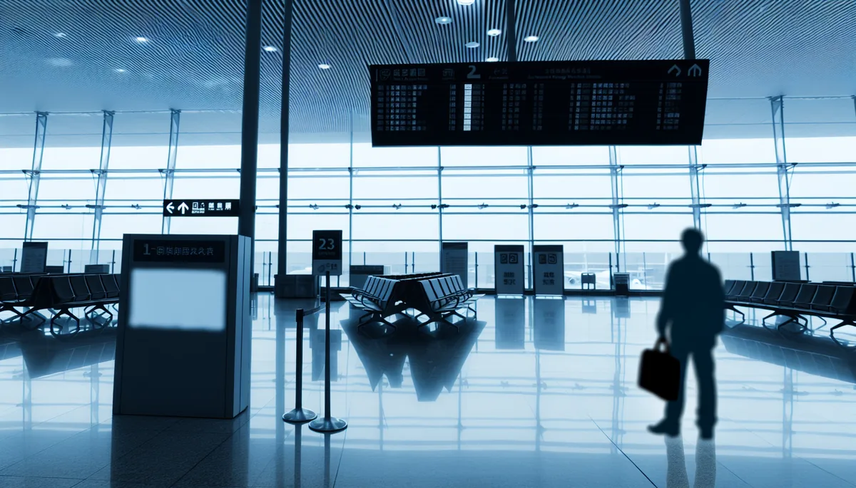 Silhouette of a traveler standing alone in a busy airport terminal with departure gates and signs blurred in the background