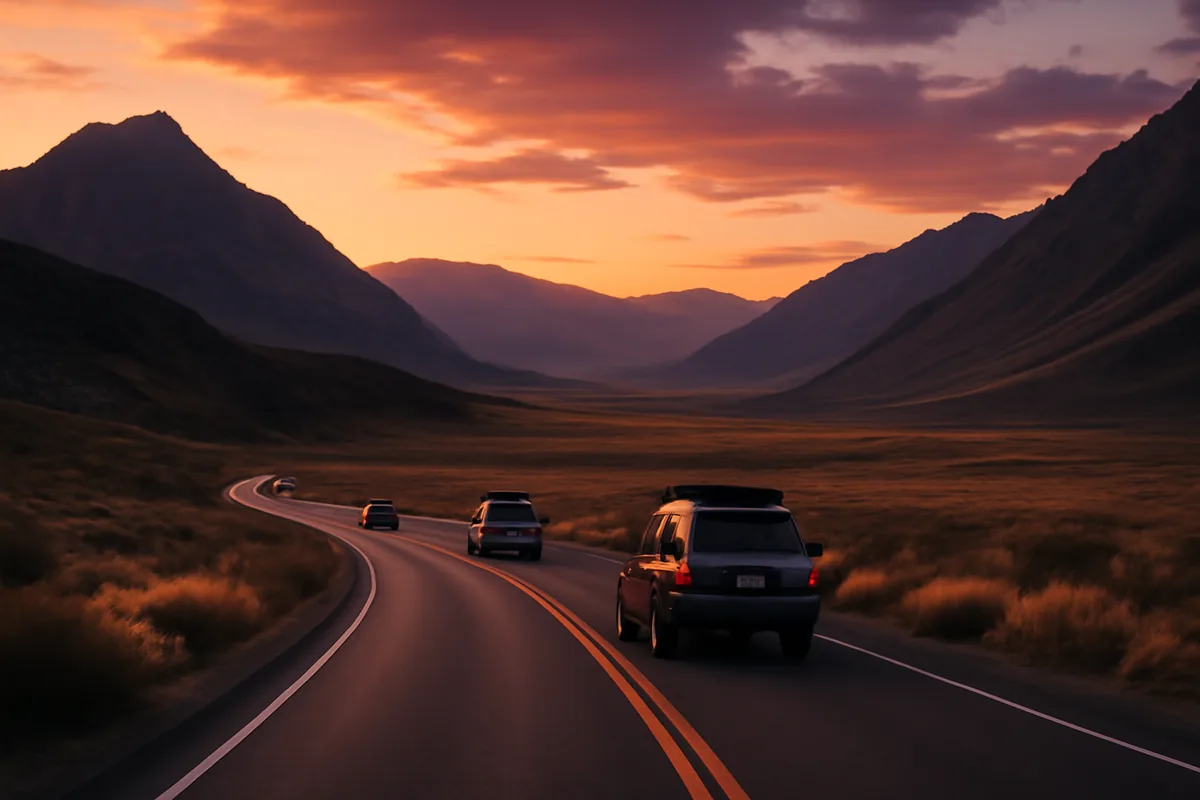 A dramatic mountain highway winding through vast continental landscape with vehicles traveling in convoy during golden hour, showcasing the epic scale of overland adventure travel