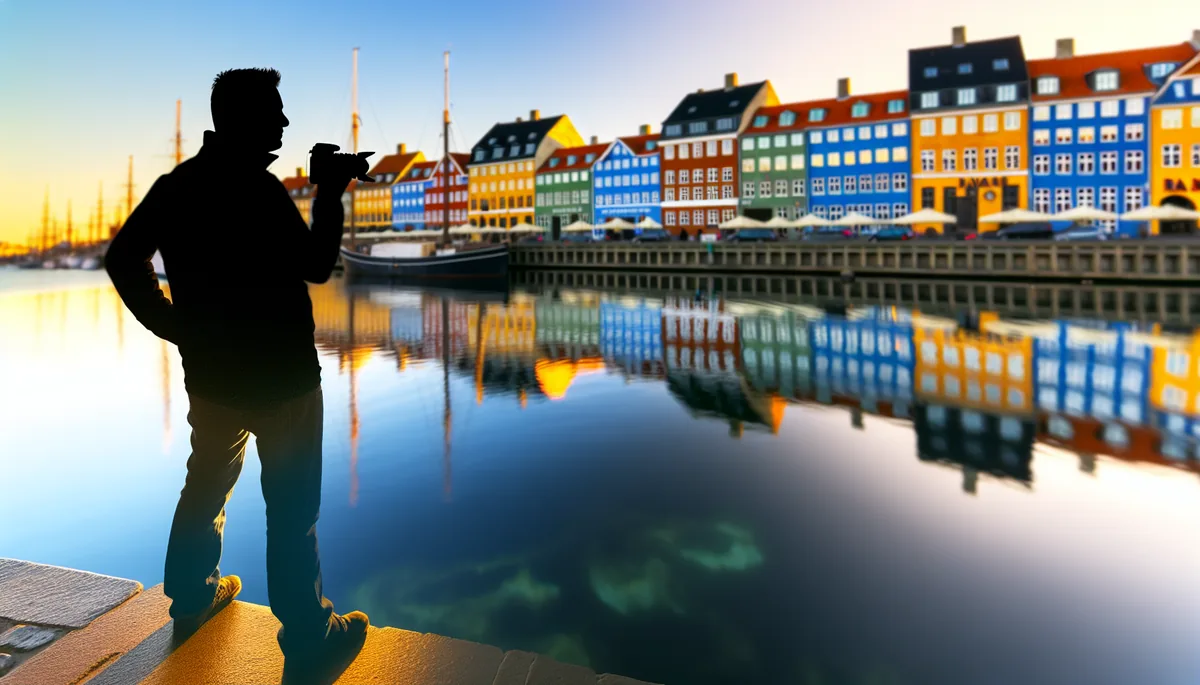 Silhouette of a person overlooking Copenhagen's iconic Nyhavn harbor district with colorful historic buildings during golden hour