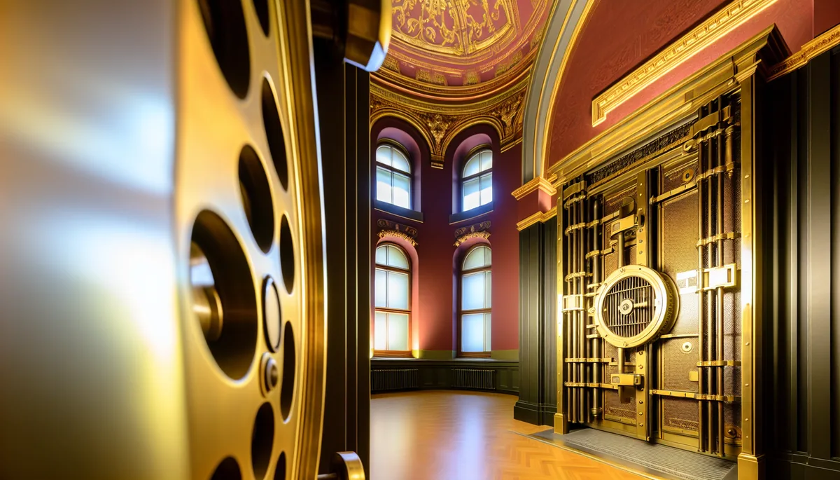 Ornate bank vault door with golden lighting in a classical European building interior, symbolizing security and protection