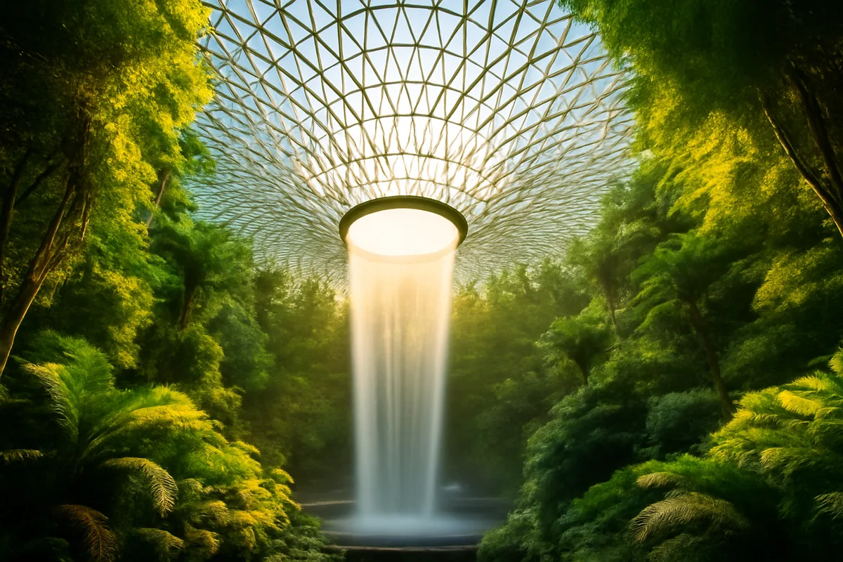 The stunning indoor waterfall and tropical garden atrium inside Singapore Changi Airport, bathed in soft natural light filtering through a towering glass ceiling surrounded by lush greenery