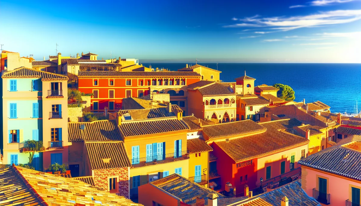 Scenic view of traditional Spanish coastal town with colorful Mediterranean architecture, terracotta rooftops, and turquoise sea under golden sunlight