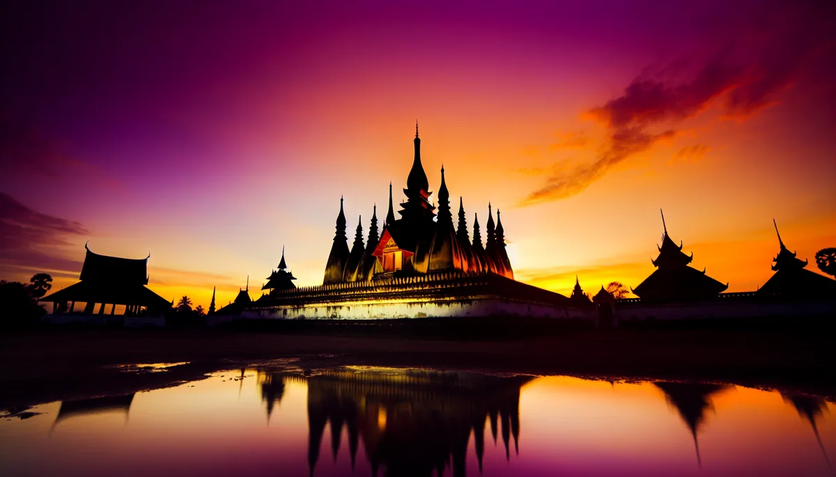 Ancient Southeast Asian temple complex silhouetted against a dramatic sunset sky with warm orange and purple colors reflecting in calm water