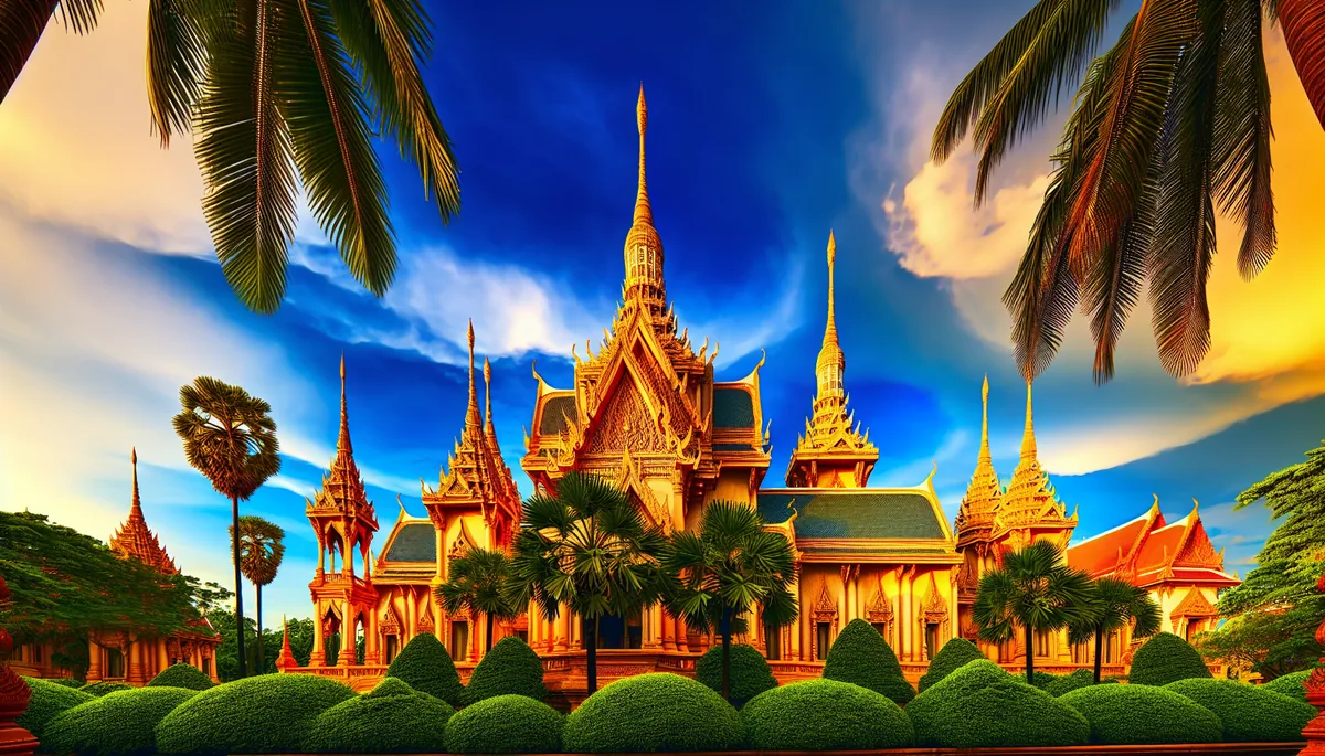 Golden Thai temple with ornate spires surrounded by tropical palm trees under warm sunlight