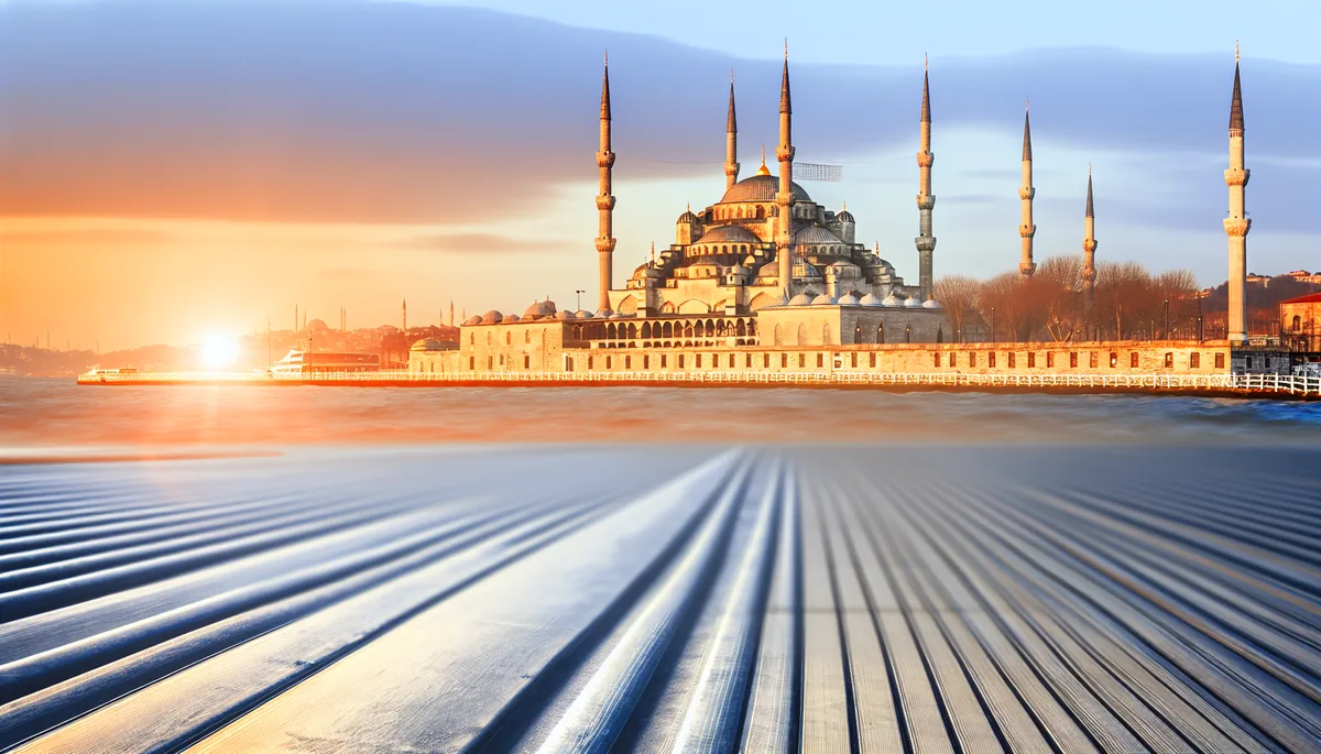 Stunning sunset view of Istanbul's Blue Mosque with its distinctive six minarets silhouetted against a dramatic sky, with the Bosphorus strait visible in the foreground