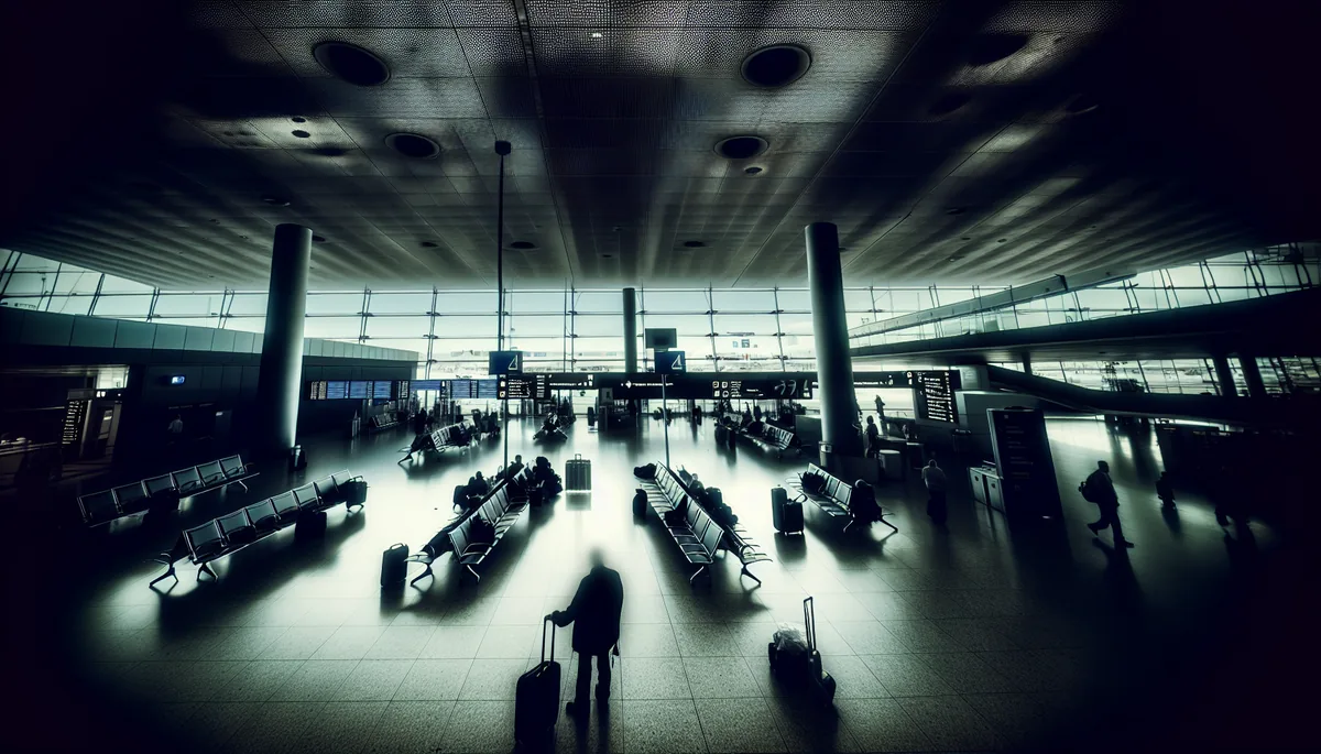 Silhouette of a traveler with luggage standing in a large, busy airport terminal with dramatic lighting, conveying the challenges of modern travel