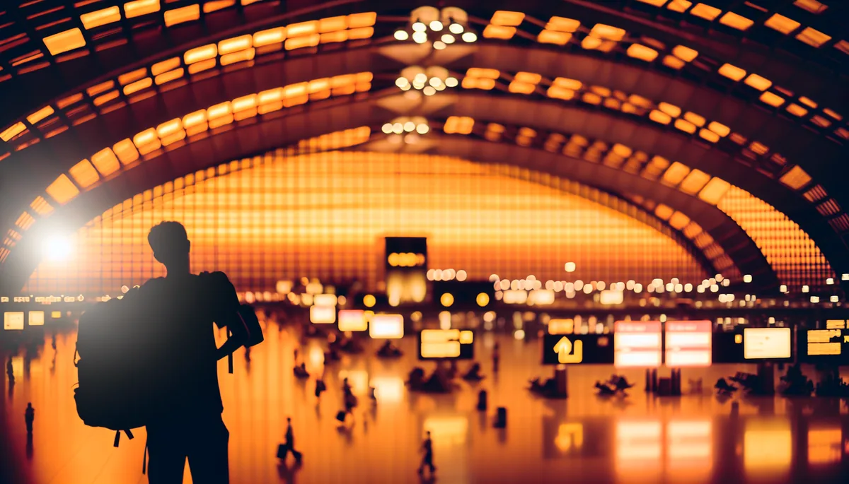 Silhouette of a traveler standing in a busy Bangkok airport terminal during golden hour with warm lighting and blurred background