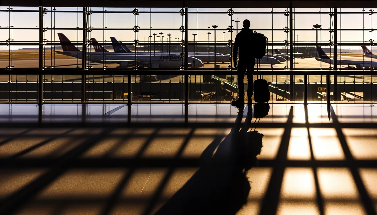 Silhouette of a traveler with backpack standing at airport departure gate with planes visible through large windows during golden hour