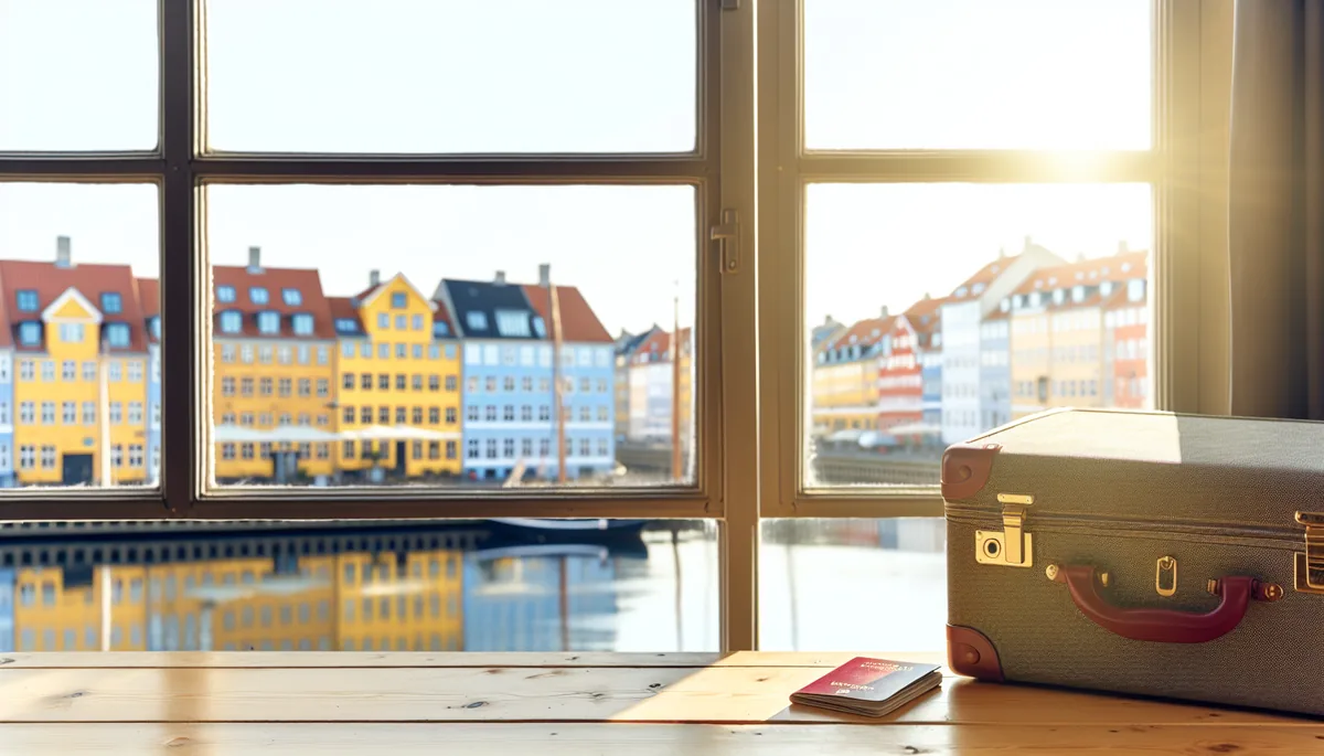 A travel scene showing an open suitcase and passport on a wooden table next to a window overlooking Copenhagen's iconic colorful waterfront buildings
