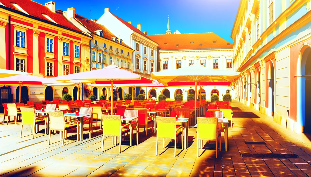 Picturesque European city square with cobblestone streets, historic buildings, and outdoor café seating under colorful umbrellas in warm afternoon light