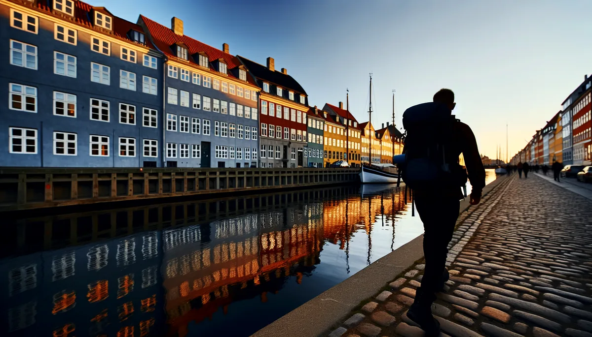 Silhouette of a traveler walking along Copenhagen's iconic Nyhavn harbor with colorful historic buildings and canal reflections during golden hour