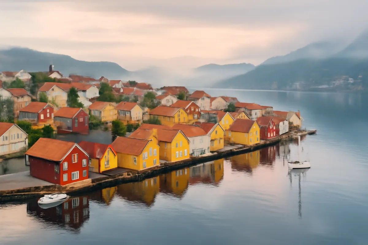 Aerial panoramic view of a charming Scandinavian harbor town with colorful traditional wooden houses reflected in calm fjord waters under a soft Nordic sky