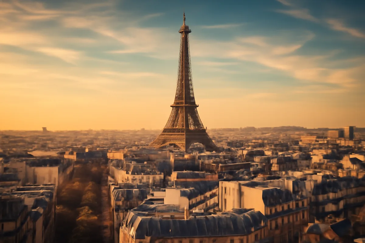 Golden hour view of the Eiffel Tower rising above the classic Parisian rooftops, bathed in warm amber light against a soft blue sky