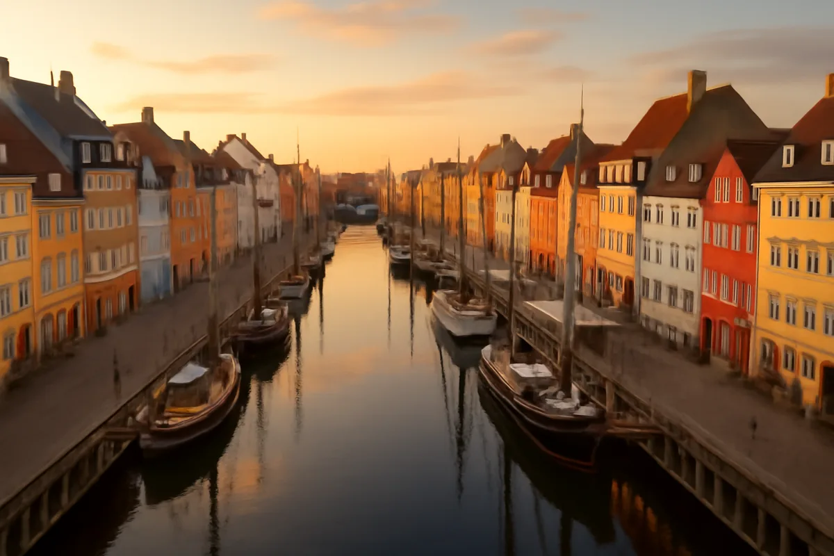 Aerial view of Copenhagen's iconic Nyhavn canal with colorful historic buildings and traditional wooden boats reflected in calm water during golden hour
