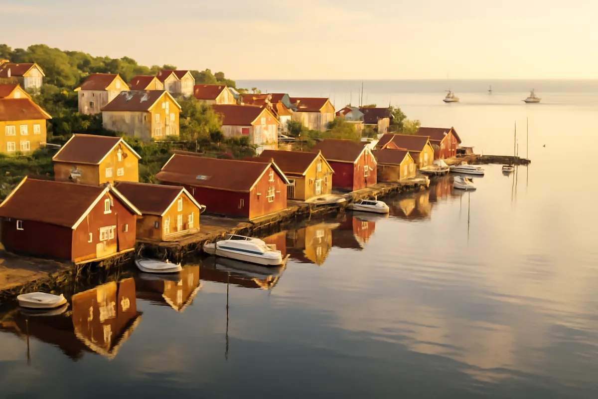 Aerial view of a picturesque Scandinavian harbor town with colorful wooden houses reflecting in calm water, bathed in soft Nordic golden light