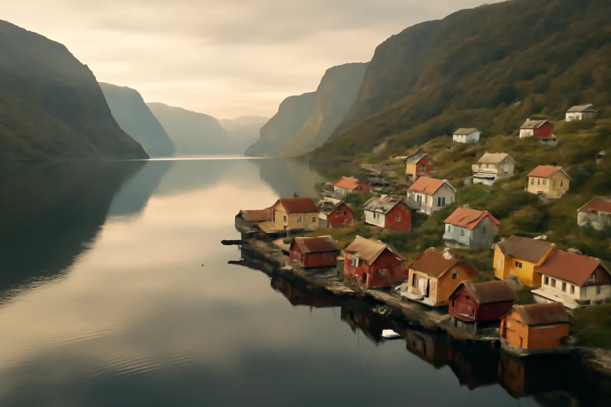 Aerial view of a picturesque Scandinavian coastal village with colorful wooden houses reflected in a calm fjord surrounded by dramatic cliffs