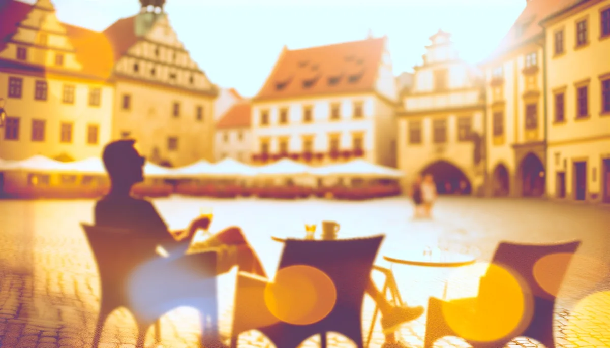 Peaceful traveler silhouette enjoying afternoon at a European cafe terrace with historic cobblestone square and warm sunlight