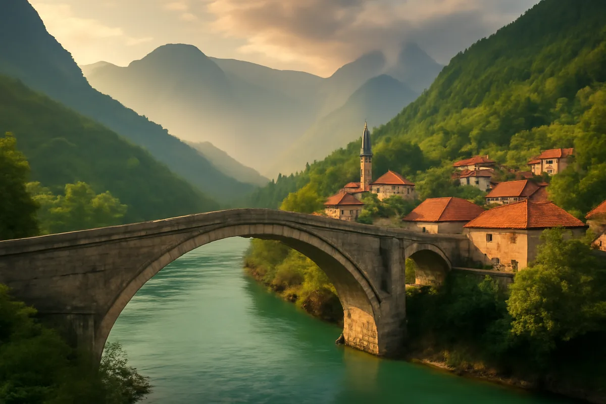A scenic view of a historic stone bridge over a turquoise river in the Balkans, surrounded by lush green mountains and a traditional village with terracotta rooftops bathed in golden evening light.