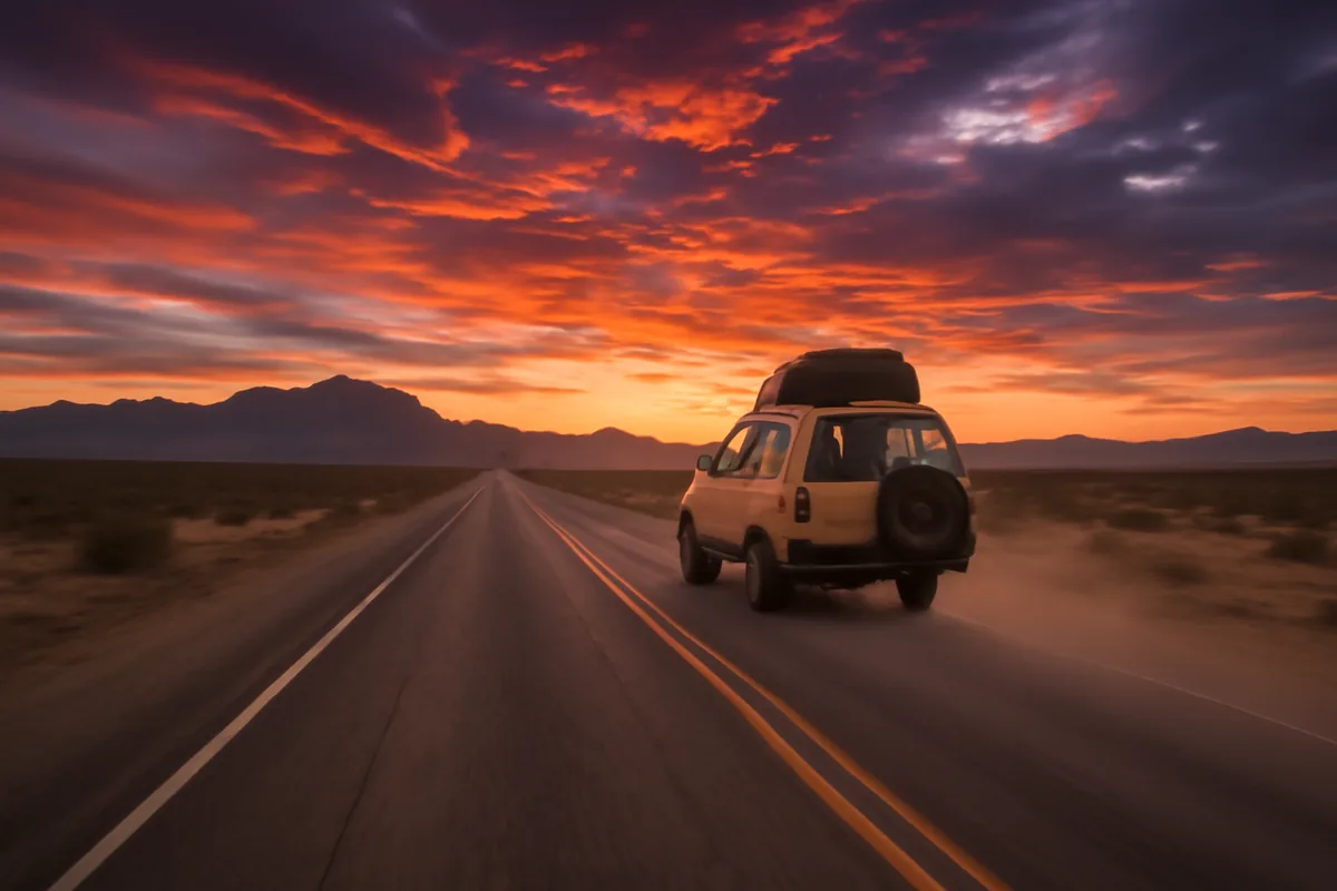 A rugged overland vehicle traveling on a remote desert highway toward distant mountains at sunset, capturing the essence of cross-border adventure travel