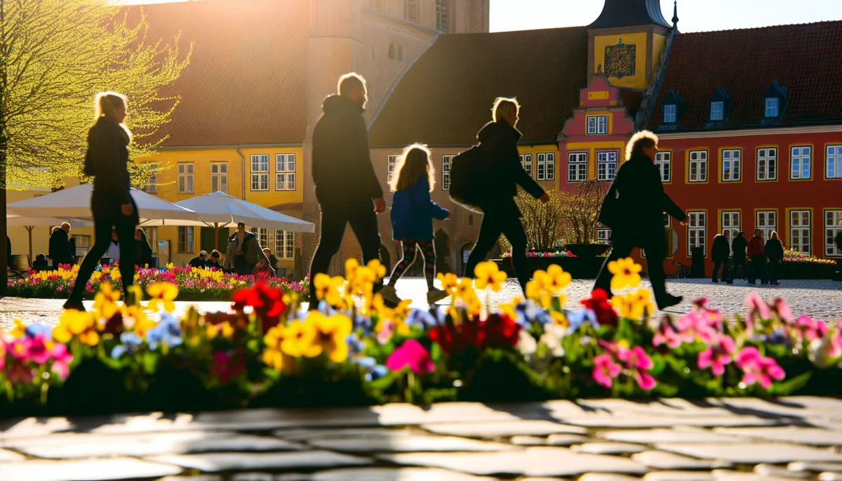 Family silhouettes walking through a charming European town square with spring flowers and historic architecture during Easter vacation