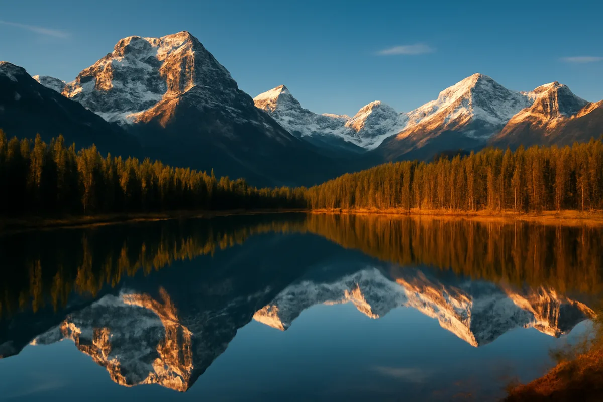 Stunning landscape view of Canadian Rocky Mountains reflected in a crystal clear mountain lake, surrounded by evergreen forests under a bright blue sky