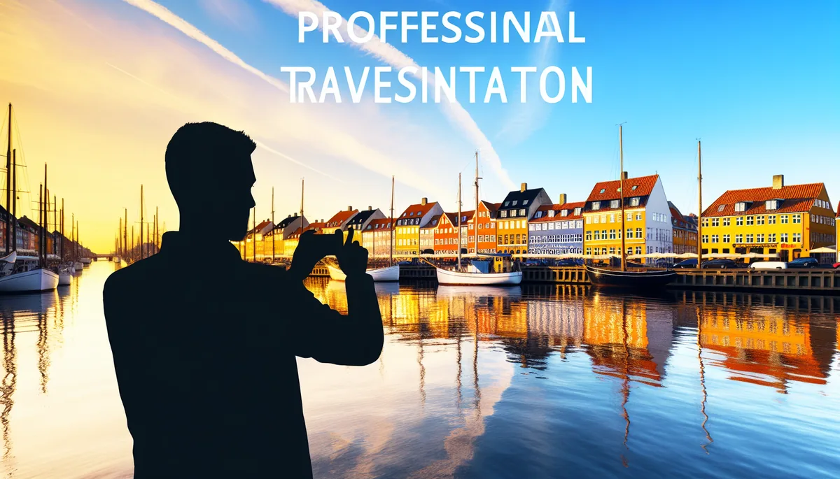 Silhouette of a person viewing the iconic colorful buildings of Copenhagen's Nyhavn harbor district during golden hour
