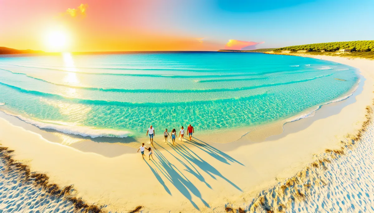 Family silhouettes walking on a beautiful Mediterranean beach during golden hour with turquoise waters and warm sunset colors