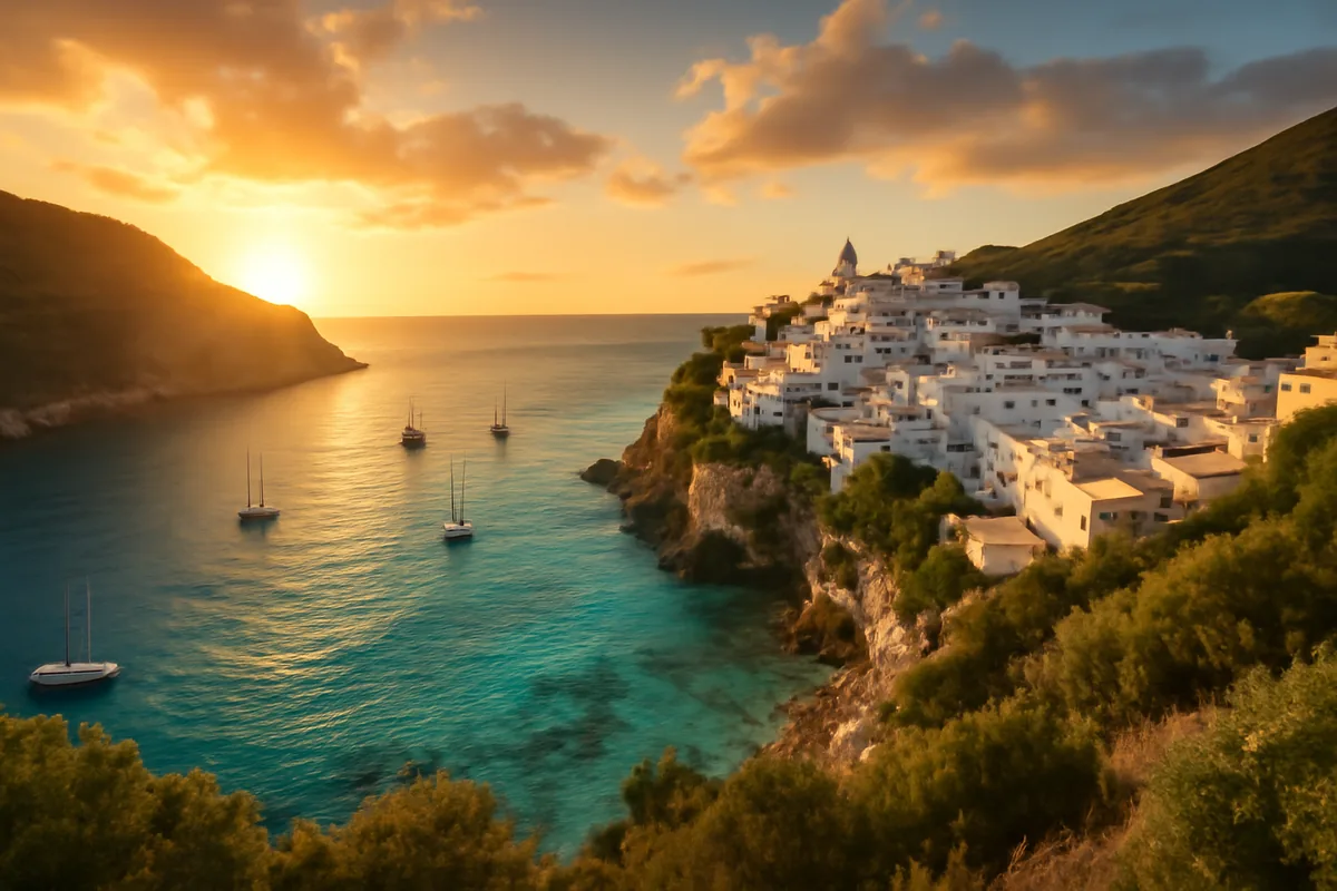 A breathtaking Mediterranean coastal village perched on cliffs above turquoise waters, bathed in warm golden hour sunlight with sailing boats visible on the calm sea below.