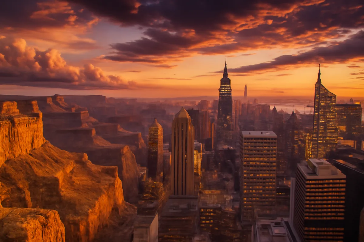 A breathtaking panoramic view of iconic American destinations, featuring the dramatic golden cliffs of the Grand Canyon blending into a glowing city skyline at sunset with rich amber and violet skies.