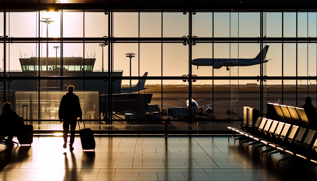Silhouette of a traveler walking through a modern airport terminal with large windows showing planes on the tarmac during golden hour