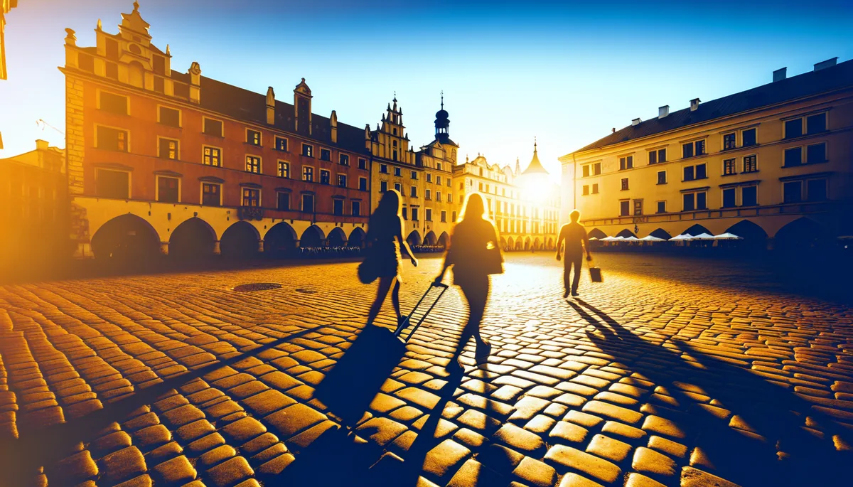 Historic European city square with cobblestone streets, traditional buildings, and travelers with luggage walking in golden hour lighting
