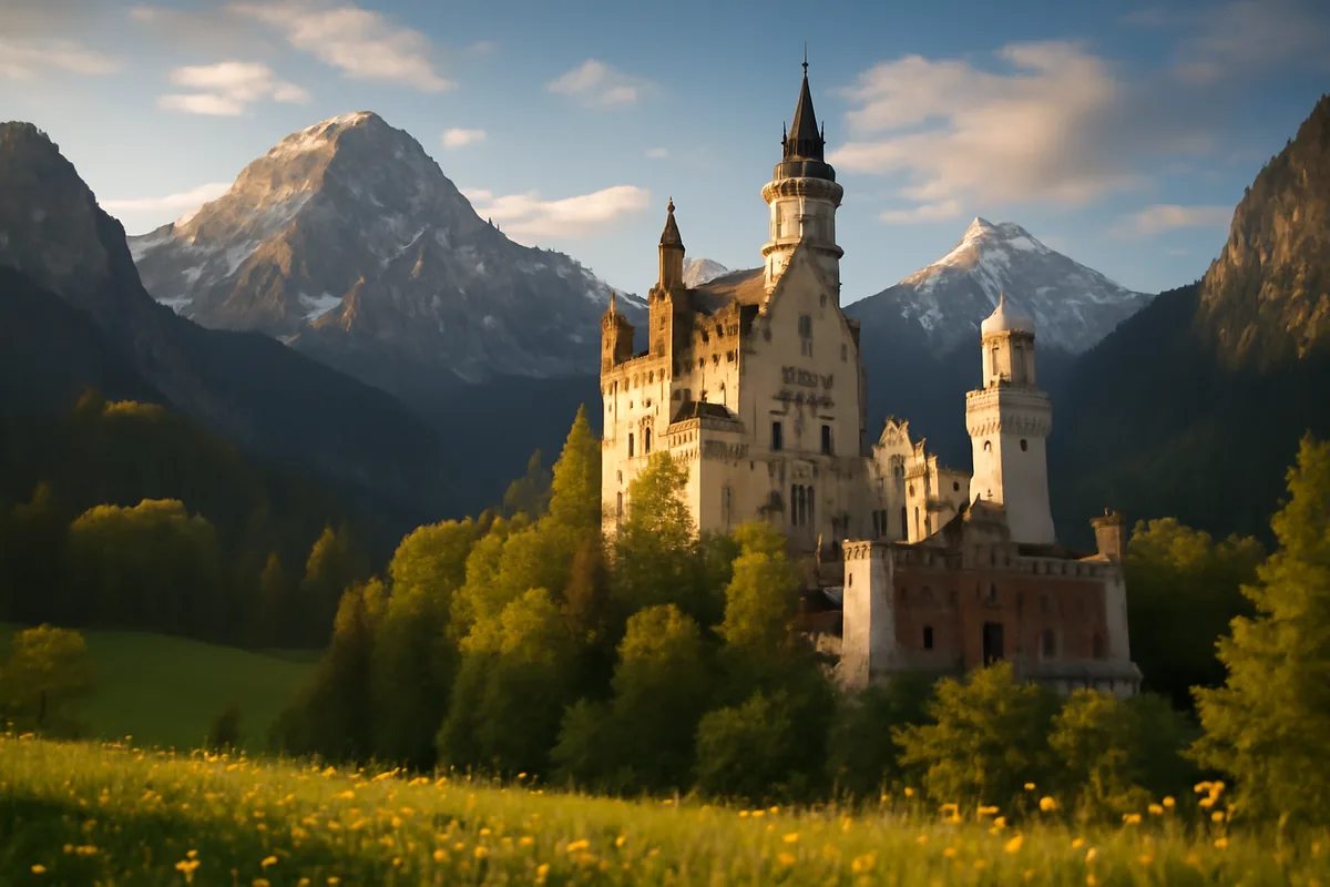 Neuschwanstein Castle nestled among the Bavarian Alps at golden hour, surrounded by dense forests and snow-capped mountain peaks in the background