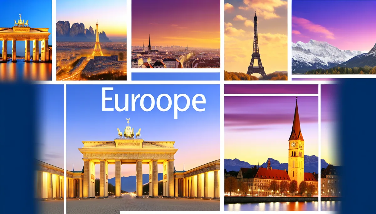 Panoramic view of famous European landmarks including the Eiffel Tower, Brandenburg Gate, and Swiss Alps during golden hour with warm sunset lighting