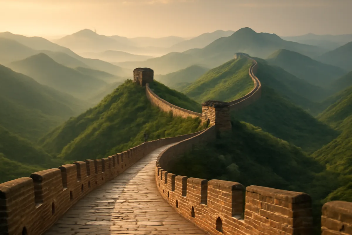 A breathtaking panoramic view of the Great Wall of China snaking across misty mountain ridges at golden hour, surrounded by lush green valleys fading into the atmospheric haze.