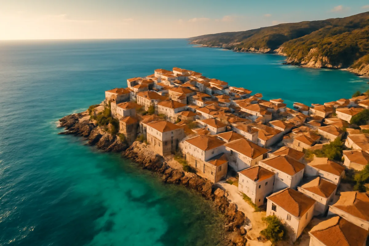 Aerial view of a picturesque Mediterranean island village with white-washed buildings and terracotta rooftops overlooking turquoise blue waters at golden hour