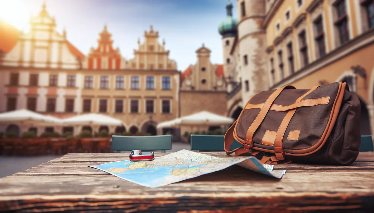 A traveler's backpack and paper map laid out on a wooden café table with a blurred European city square and historic buildings in the background