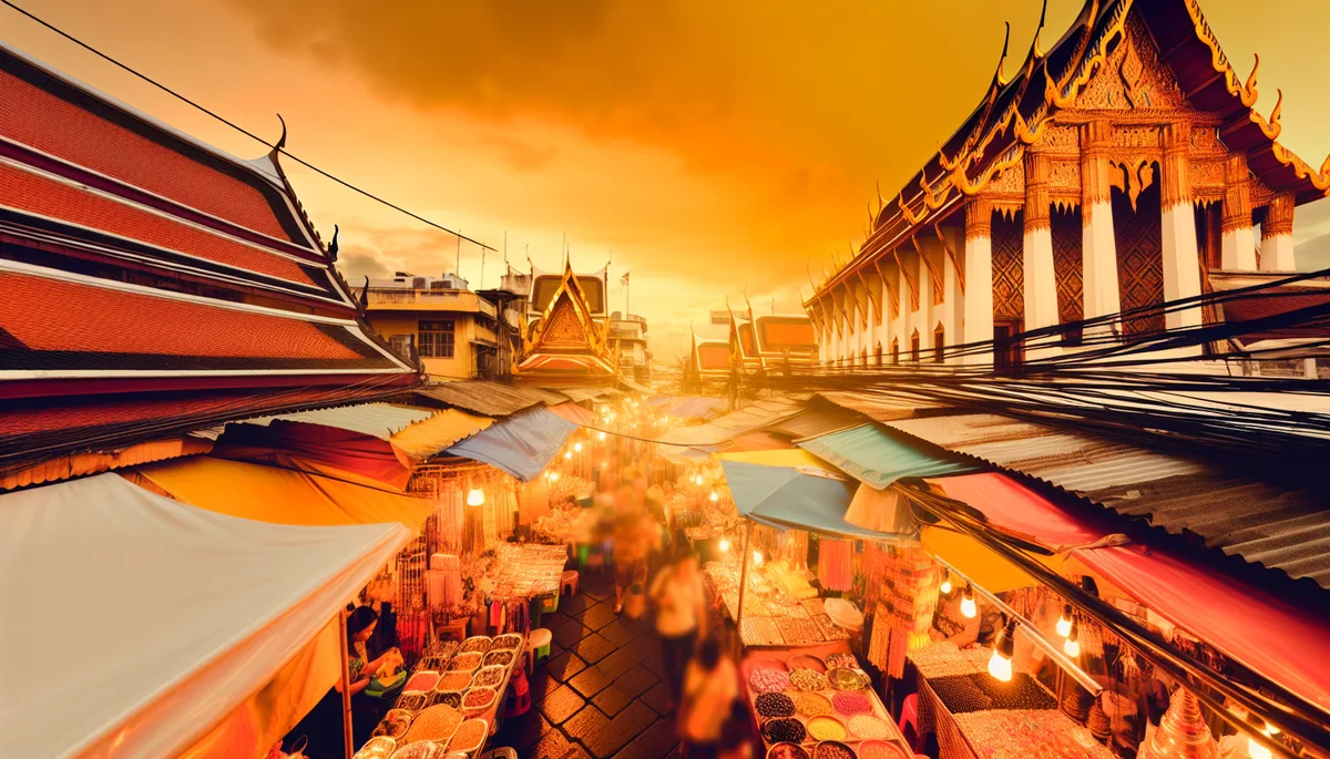 Vibrant Bangkok street market scene at sunset with traditional Thai temples visible in the background, showing colorful vendor stalls and bustling city atmosphere