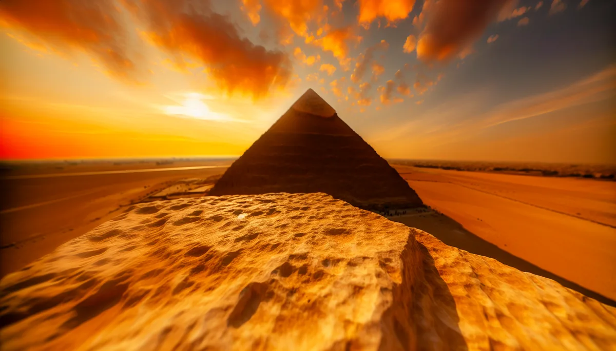 The Great Pyramid of Giza bathed in golden sunset light against a dramatic desert landscape