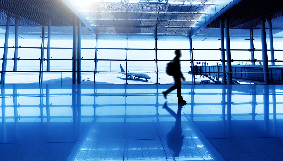 Silhouette of a traveler walking through a modern airport terminal with large windows showing aircraft on the tarmac