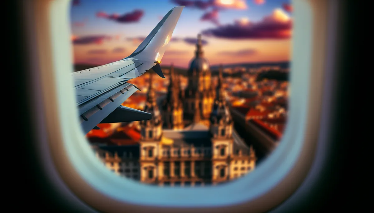 Airplane wing viewed from passenger window overlooking a European city with historic buildings during golden hour