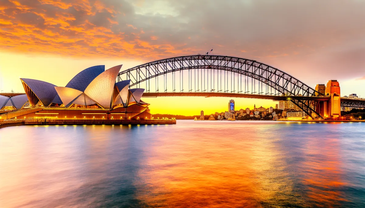 Sydney Opera House and Harbour Bridge at sunset with golden reflections on the harbor water