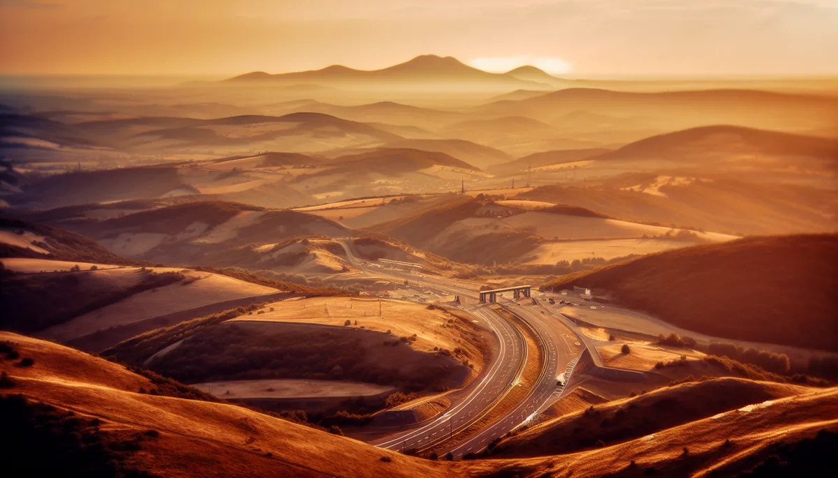 Scenic European highway winding through rolling countryside at golden hour, symbolizing seamless cross-border travel