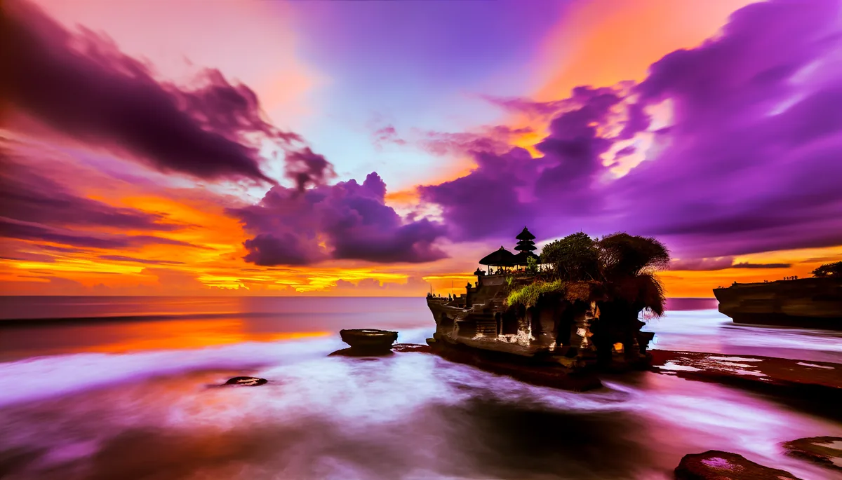 Pura Tanah Lot temple in Bali at sunset, with the ancient temple sitting on a rock formation surrounded by ocean waves and dramatic golden sky