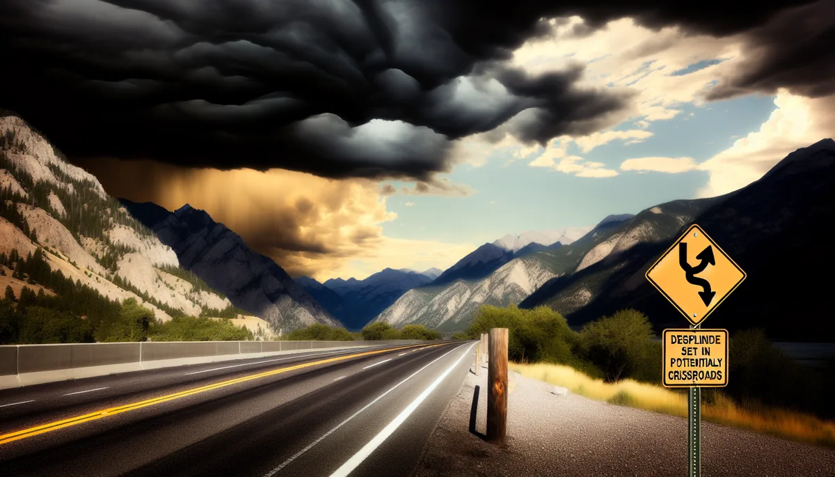 A warning road sign on a scenic mountain highway with dramatic storm clouds overhead, symbolizing travel safety and awareness