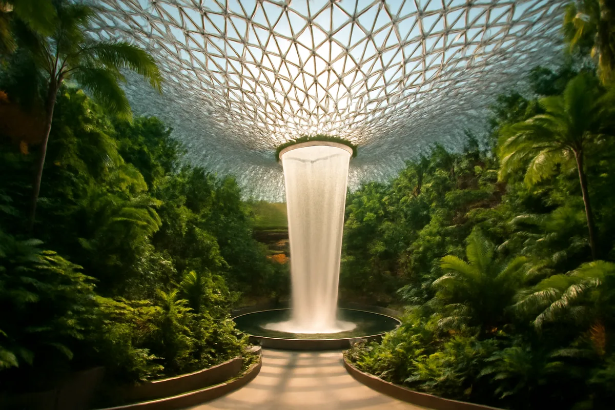 The stunning interior of Singapore's Changi Airport featuring its iconic indoor waterfall and lush tropical garden atrium beneath a soaring glass ceiling