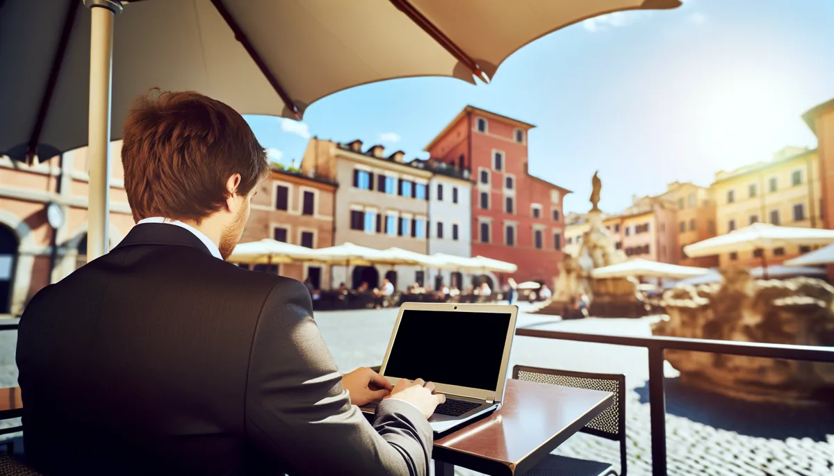 Business traveler working at outdoor cafe overlooking a European city square with historic architecture and cobblestone streets